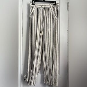 Women’s Boho Striped Wide Leg Linen Blend  Pants Tassel Drawstring Waist Small